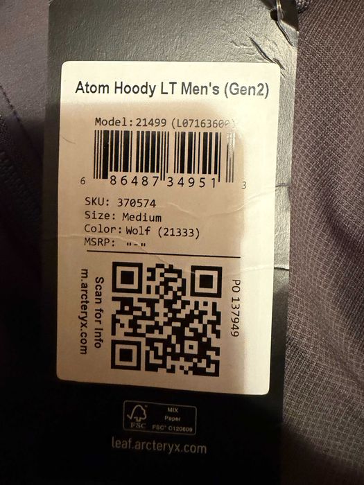 Arc'teryx LEAF Atom Hoody LT Men's (Gen2) Wolf. M.
