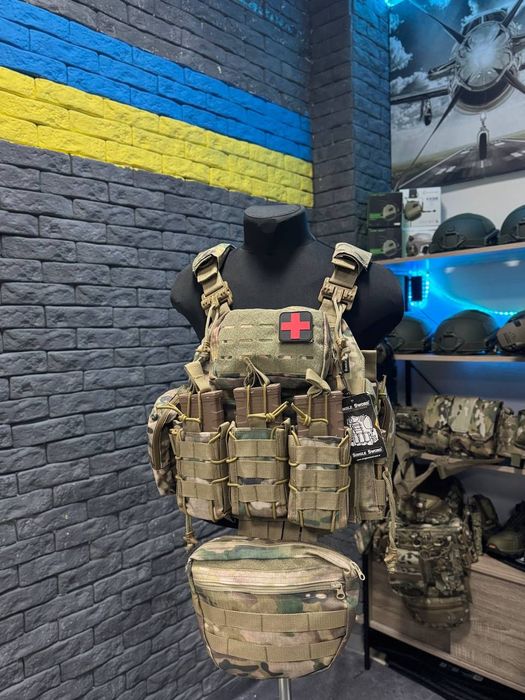 МУЛЬТИКАМ Плитоноска зі швидкоскидом 4 точки + РЮКЗАК + НАПАШНИК + 7 Підсумків / Тактична плитоноска з комплектом підсумків та 4 точки скиду мультикам