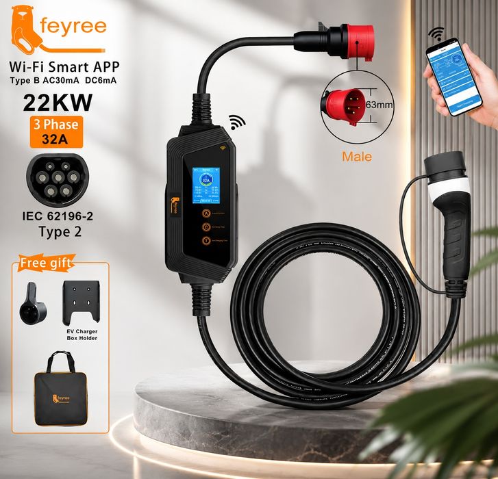 Зарядка FEYREE Type 2 22 кВт 32А 3 фази — портативна станція Wi-Fi Bluetooth CEE 32A 5м IP66