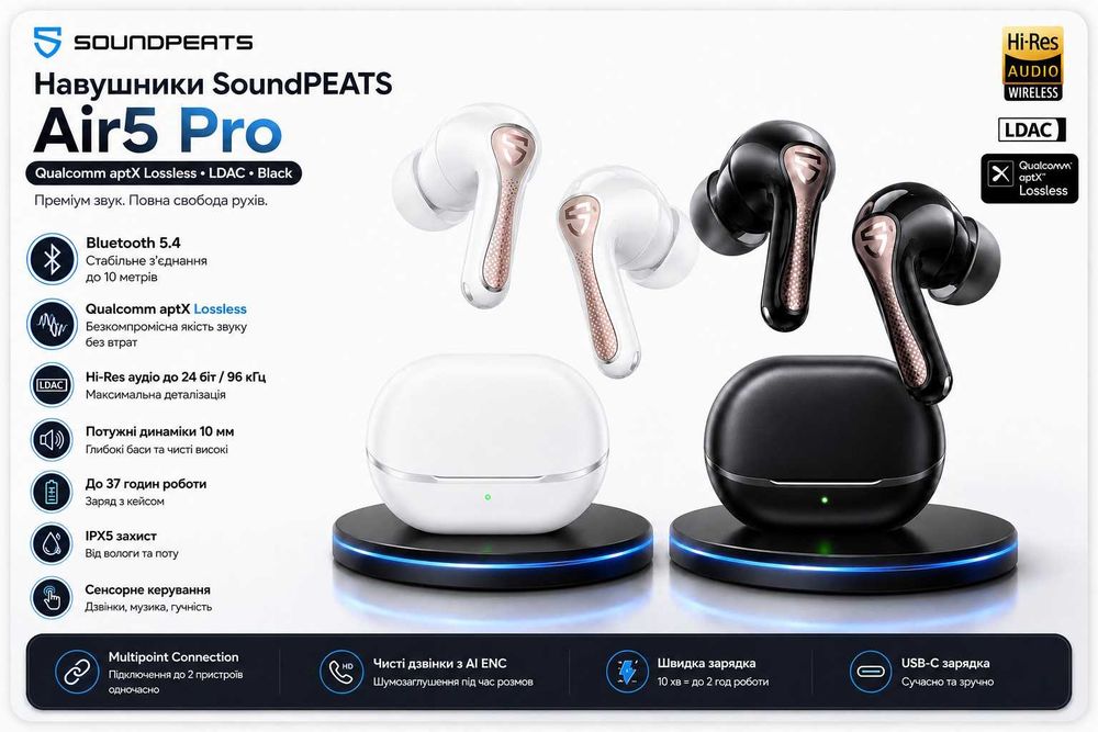 Навушники SoundPEATS Air5 Pro Qualcomm aptX Lossless LDAC Black/White