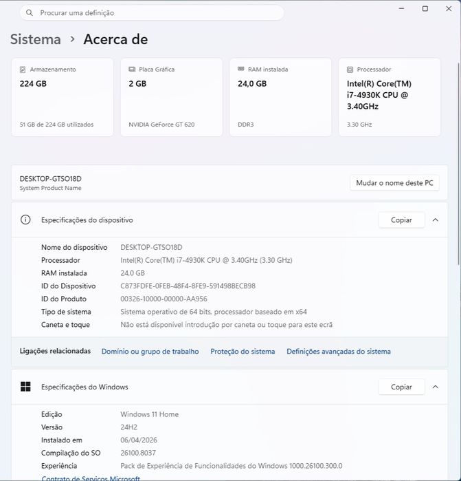 Computador Desktop i7-4930K / 24GB RAM / SSD 240GB / VRAM 2GB / Win 11