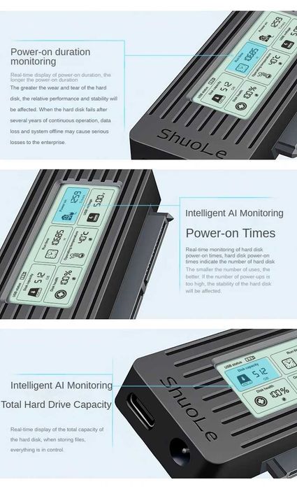 Karta microSDXC 64GB Kodak + adapter ShuoLe SATA na USB-C ekran LCD.