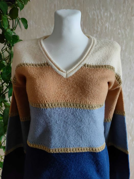 NOWY granatowy brązowy złoty ciepły sweter dekolt V  36/38 S/M Rainbow