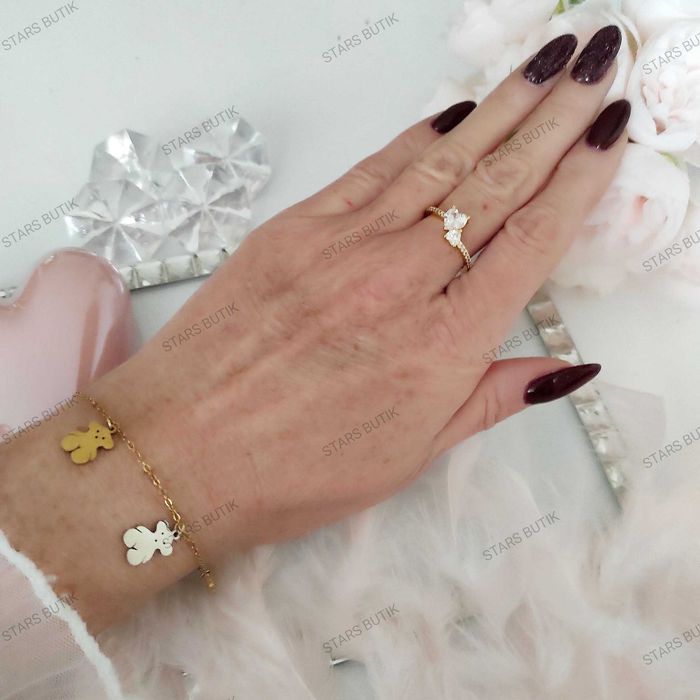 Bransoletka zawieszki srebrne i złote misie stal 316L unikat