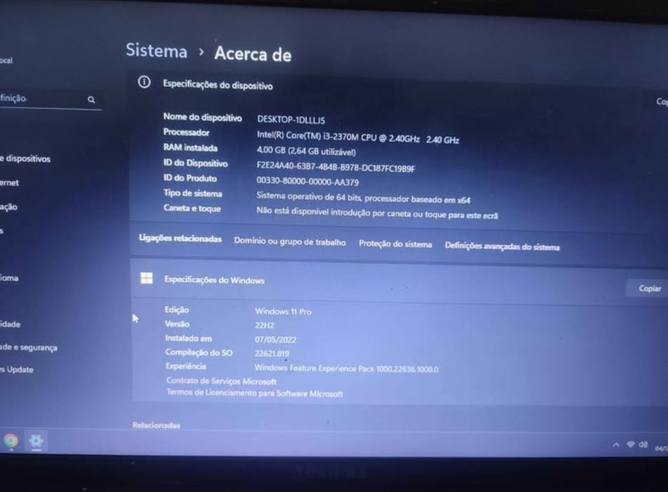 Portátil Toshiba 1DLLLJ5 i3 não tem ssd