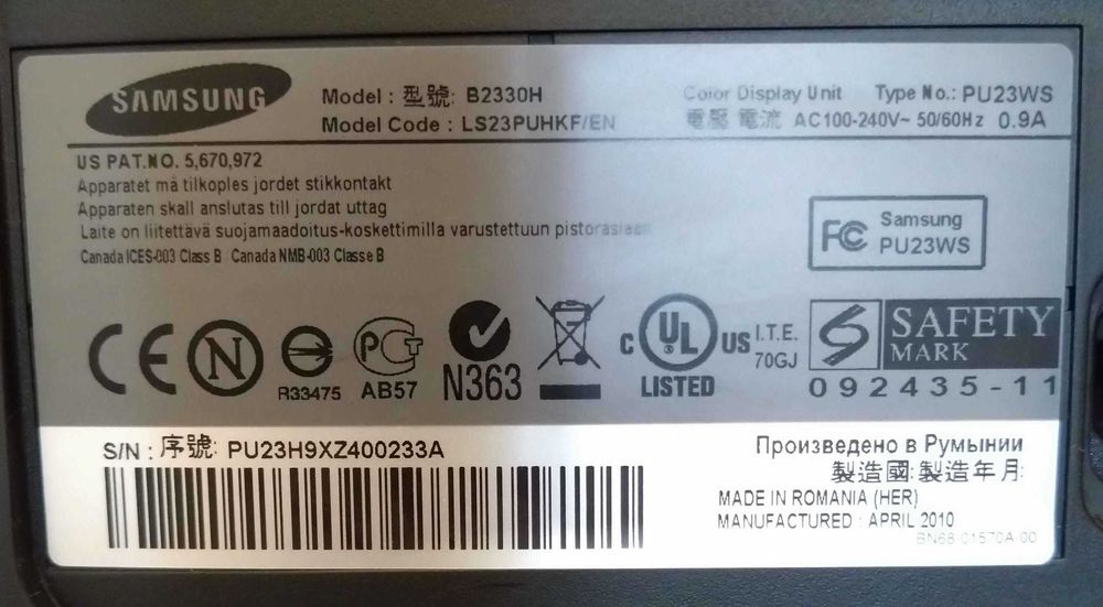 Samsung SyncMaster B2330H – 23", Full HD, 60 Hz + Cabos