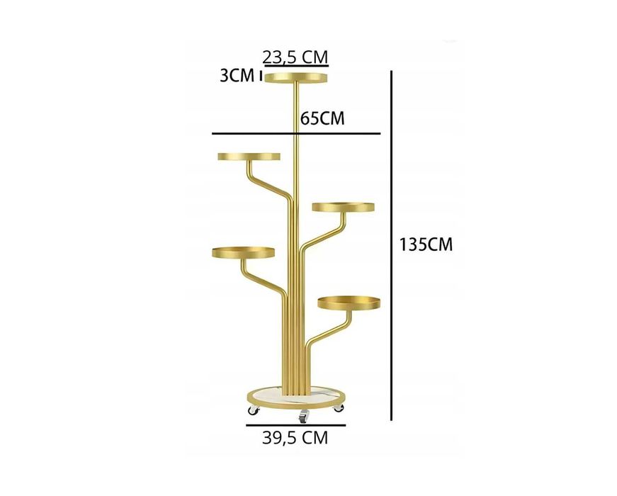 NOWY Kwietnik Drzewko Stojące Złoty Wysoki Stojak Metalowy Loft Kółka