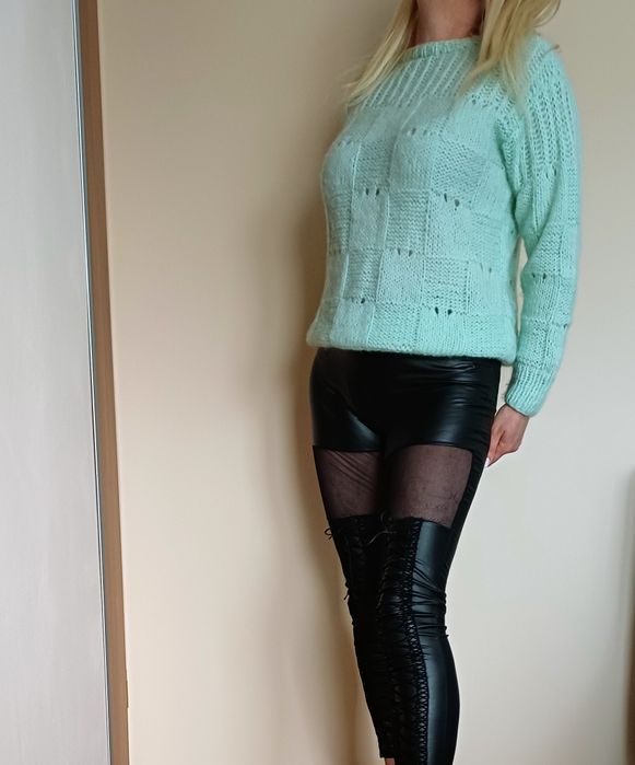 LUX zestaw legginsy czarne wiązanie ala skóra+ sweter mięta moher  M L