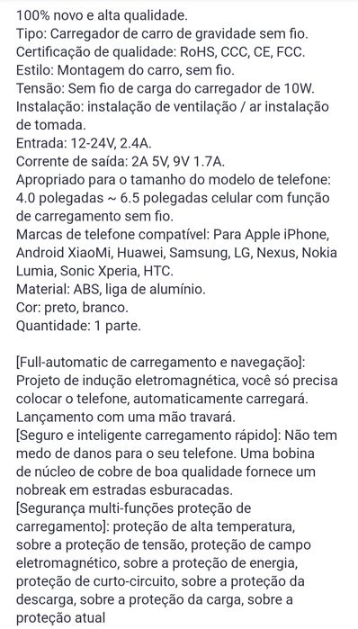2 em 1 Suporte+Carregador Bateria Telemóvel wireless automóvel - novo