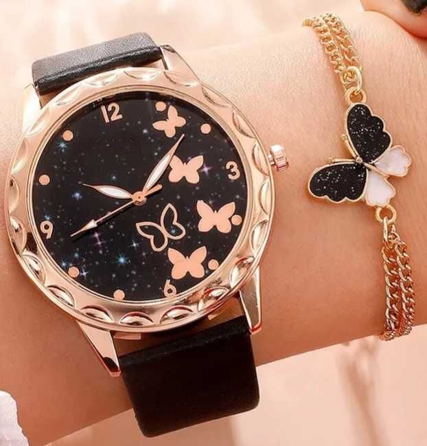 Na prezent  Elegancki zegarek i bransoletka czarny motyl Dial