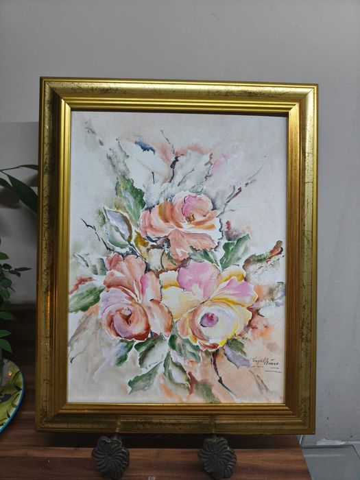 Obraz kwiatowy Róże Ingrid Busse sygnowany w złotej ramie 47,5x38 cm