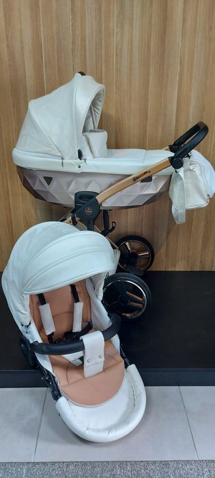 Junama Mirror Satin wózek 2w1 lub wózek 3w1  Biała skóra + miedź
