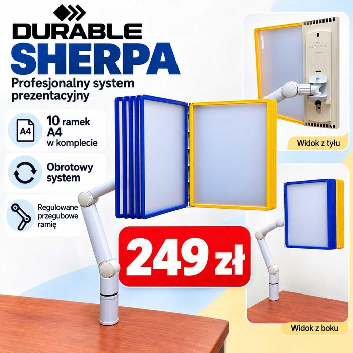 DURABLE SHERPA profesjonalny stojak obrotowy A4 – 10 ramek – regulowane przegubowe ramię, stan bardzo dobry.