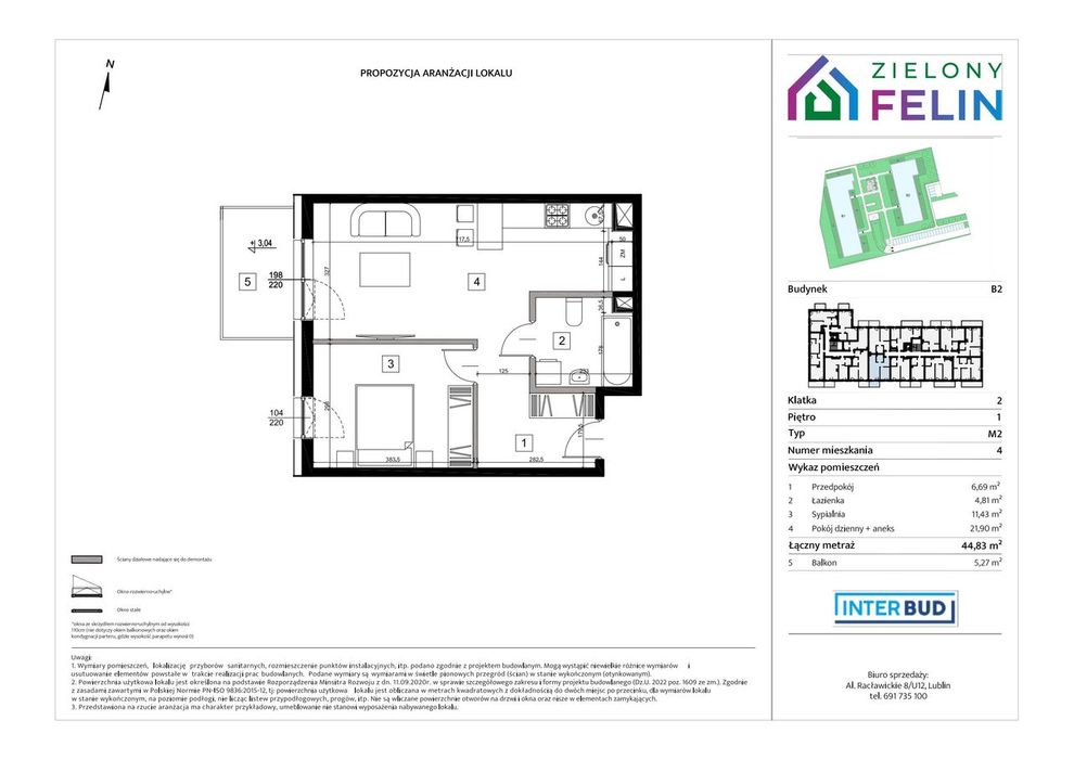2-pokojowe mieszkanie 44m2 + balkon