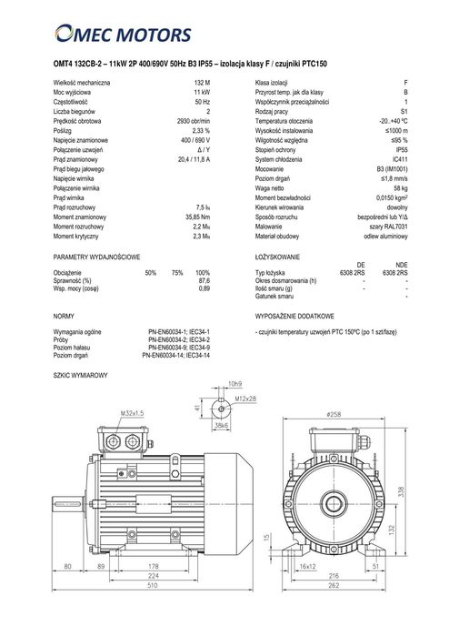 silnik elektryczny 11kW 2900obr. 3fazowy 132B3 OMT