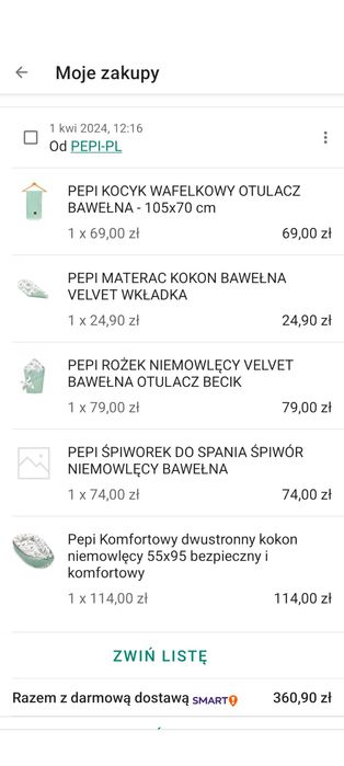 Wyprawka: kokon + wkładka, śpiworki, kocyk wafelkowy, rożek niemowlęcy