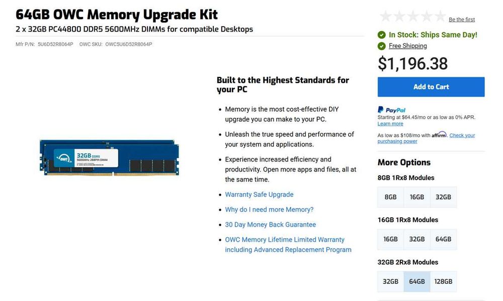Новая ОЗУ память Crucial 64GB 2*32GB 5600MHz DDR5 DIMM RAM CL30