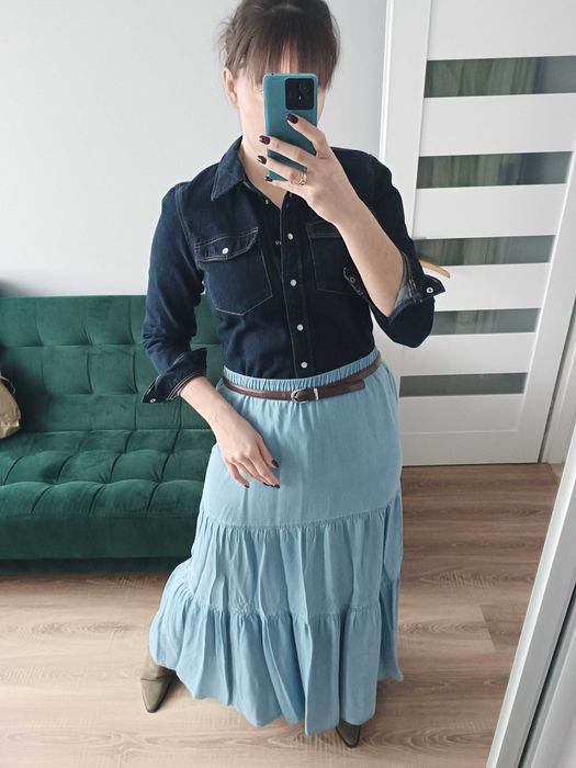 Spódnica długa maxi jeansowa falbany falbanki