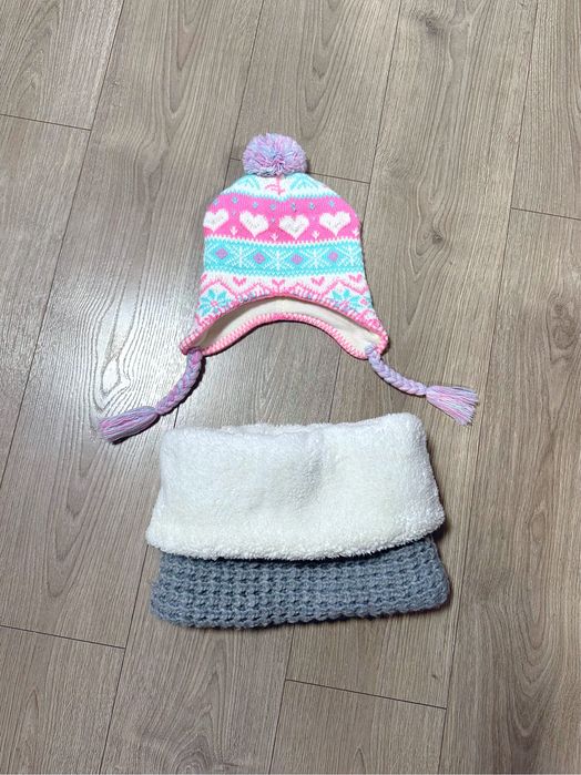 Детская, теплая шапочка на ребёнка; зимняя шапка с хомутом (шарф-снуд)