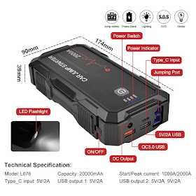 Booster carregamento emergencia bateria 12v carro mota carrinha caravana 2000A NOVO
