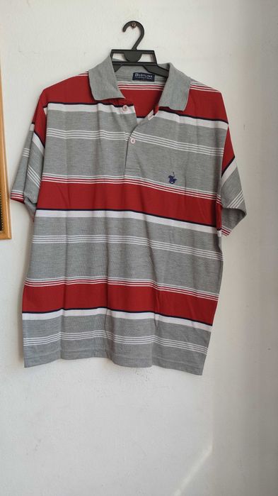 Dobyline XL Szara bluzka polo z kołnierzykiem w czerwone i białe paski