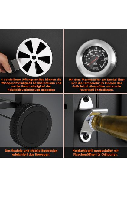 Grill na węgiel drzewny XXL z pokrywą, termometrem, półką i kółkami