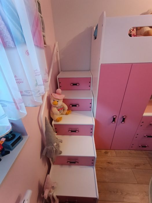 Łóżko piętrowe z biurkiem,szafą,szafkami i szufladami, dla dziewczynki