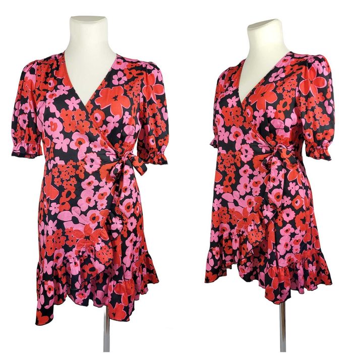 Nowa czarna czerwona sukienka 42,XL George wzór kwiaty falbanka bufki