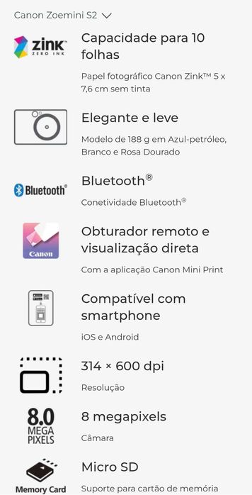 Câmera Canon zoemini S2 Nova