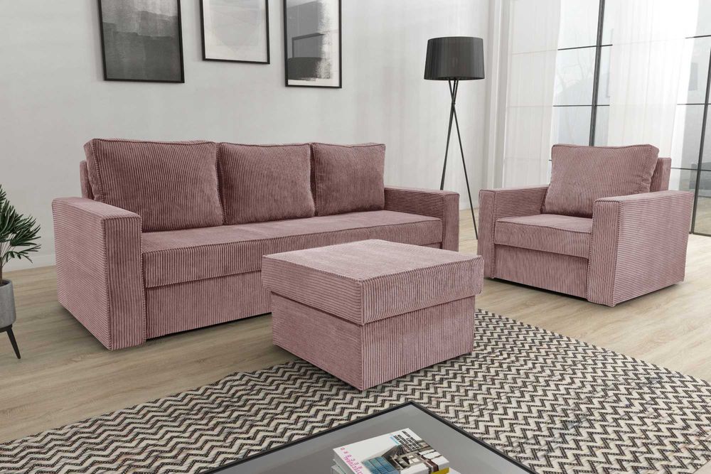 Zestaw komplet wypoczynkowy kanapa fotel pufa Sofia. Sztruks, sprężyny