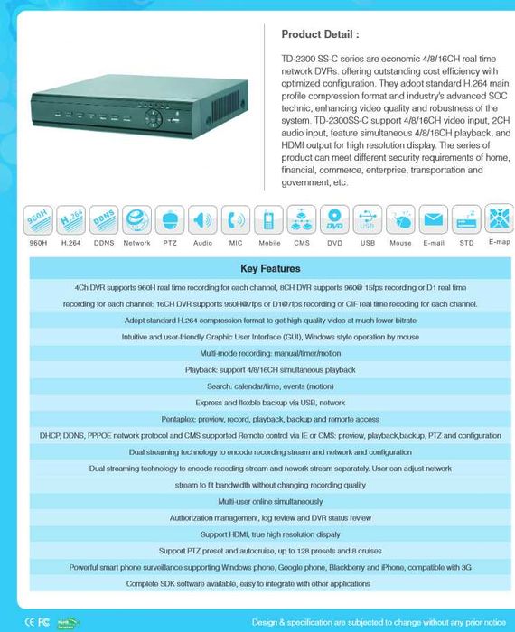 Sistema Vigilância Profissional CCTV/DVR/NVR de 8 Canais