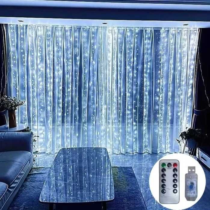 LAMPKI 300 LED 3x3m KURTYNA ŚWIETLNA BIAŁE ZIMNE 8 trybów pilot h230