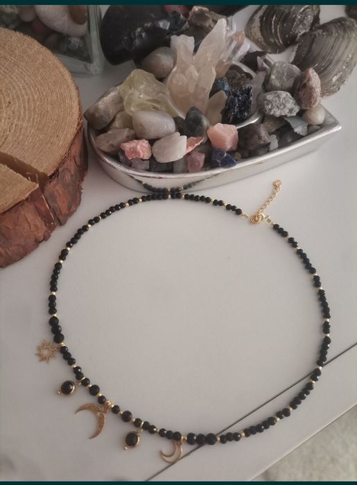 Naszyjnik choker czarny turmalin lunula słońce księżyc regulacja kamie