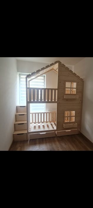 Łóżko piętrowe drewniane domek 80x180