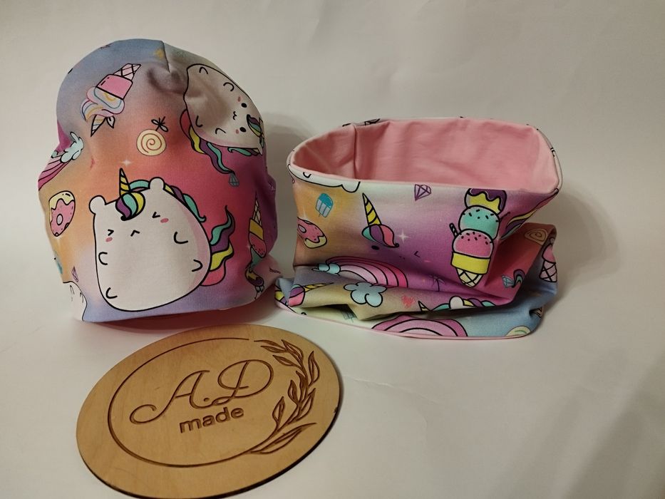 Komplet zestaw czapka komin bawełniany Kot jednorożec pushen