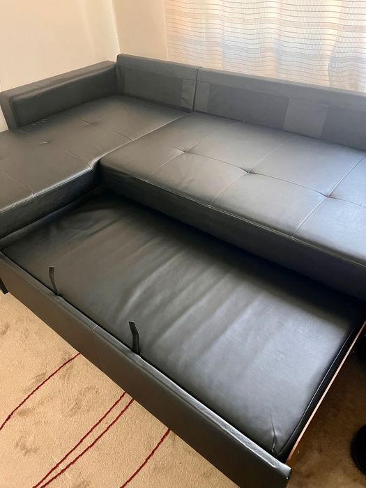 Sofá-cama 3lg c/chaise longue, pele/preto