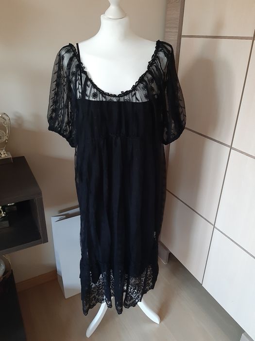 Sukienka czarna Zara L oversize koronka nowa boho klasyk unikat