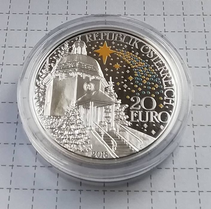 Австрія 20 євро 2018р. Різдво " Тиха ніч". СРІБЛО. ПРУФ. Сертифікат