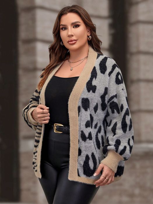 Kardigan Sweterek Oversize Włochaty Zebra Panterka Casual Shein Xxl