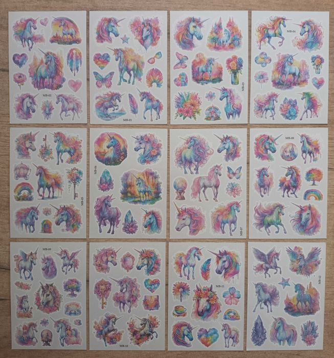 Zestaw XXL! 12 arkuszy 114 wzorów! tatuaże brokatowe JEDNOROŻCE