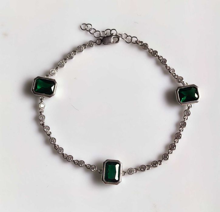 Srebrna bransoletka z ZIELONYM TURMALINEM I CYRKONIAMI 17-20 cm