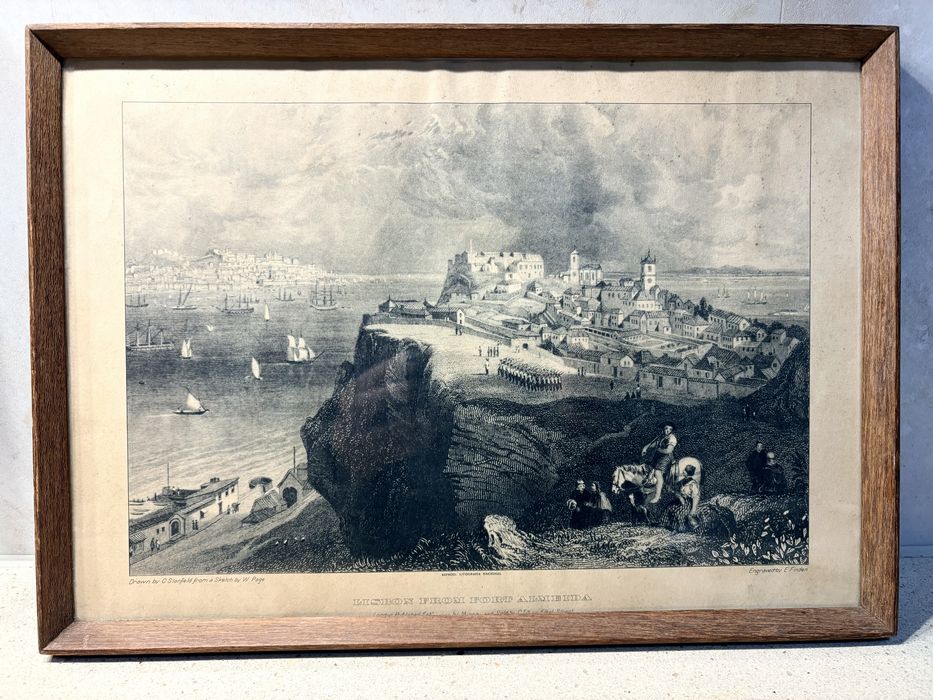 Antiga gravura: vista panorâmica de Lisboa à partir do Forte de Almada