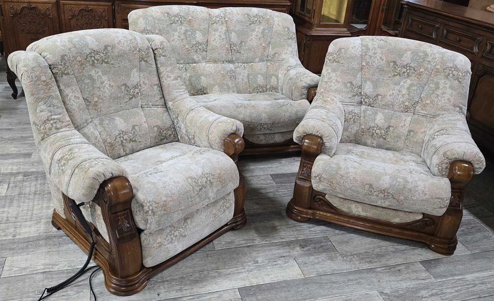 Materiałowy Komplet Wypoczynkowy 2+1+1 / Dąb / Fotel Relax Na Pilota