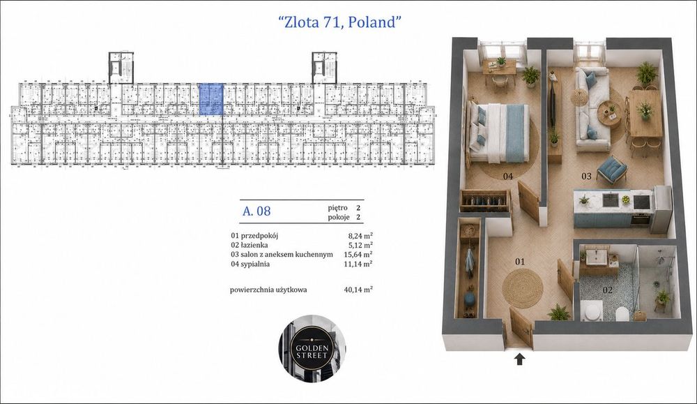 Mieszkanie A.2.8 | 40,14 m² | 2 pokoje | 2. piętro | Złota 71