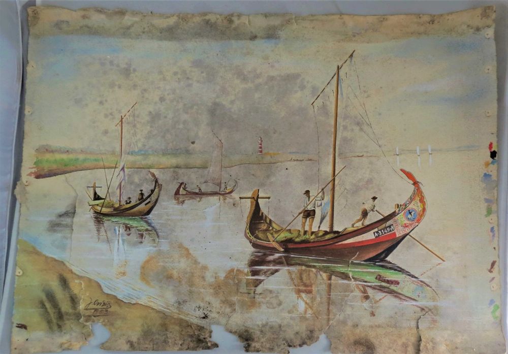 Tempera sobre papel  barcos na Ria Aveiro: Assinado J Ovídio 1943