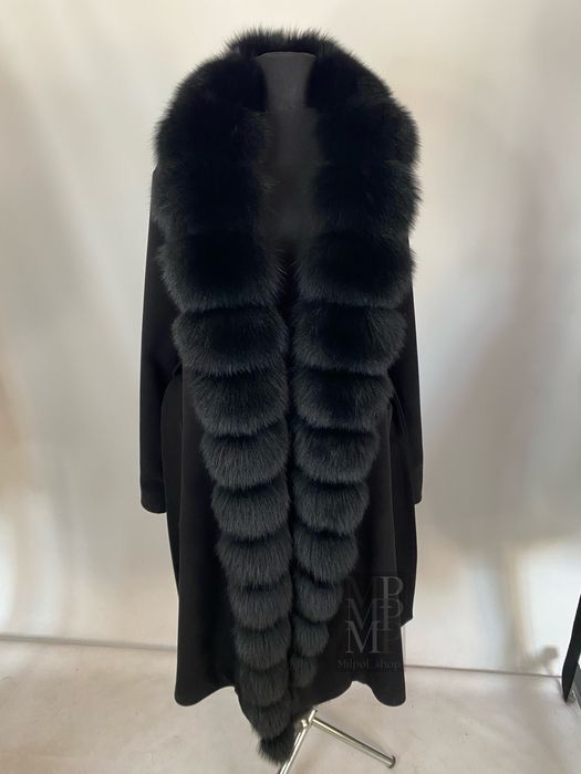 Жіноче чорне кашемірове пальто з натуральним хутром песця, 42-54 рр