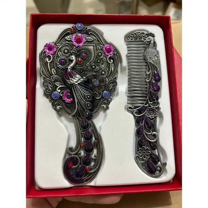 Набор Металлического Косметического Зеркала и Расчески с Ручками