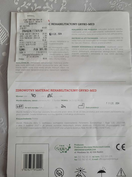 Materac rehabilitacyjny, zdrowotny, gryka