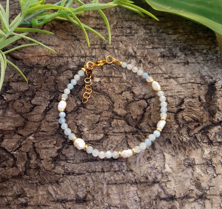 Bransoletka akwamaryn i perełki rzeczne