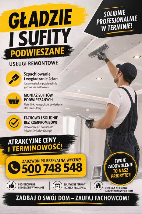 Gładzie gipsowe i sufity podwieszane – solidnie i dokładnie